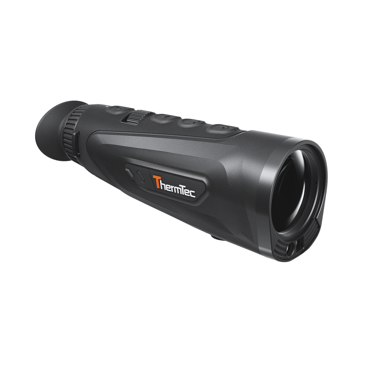 ThermTec Cyclops 335L 3.0 thermal monocular, side three-quarter view of body and objective lens