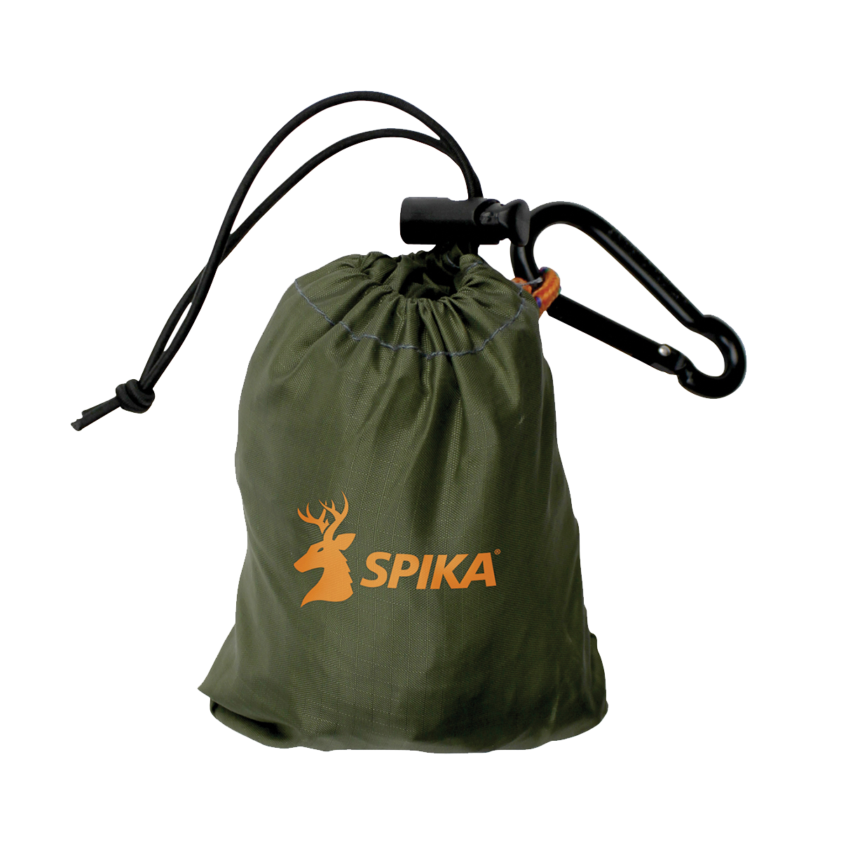Spika gun rain cover packed in its green drawstring stuff sack with carabiner