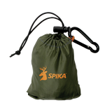 Spika gun rain cover packed in its green drawstring stuff sack with carabiner