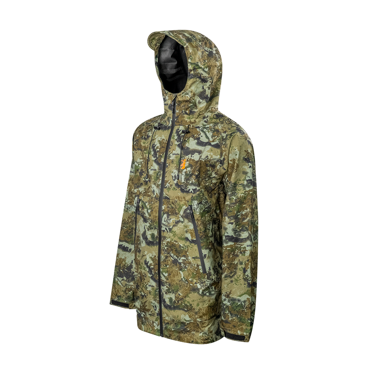 Spika Edge men's Biarri Camo waterproof jacket, three-quarter view of the hood and chest pocket