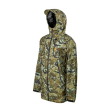 Spika Edge men's Biarri Camo waterproof jacket, three-quarter view of the hood and chest pocket