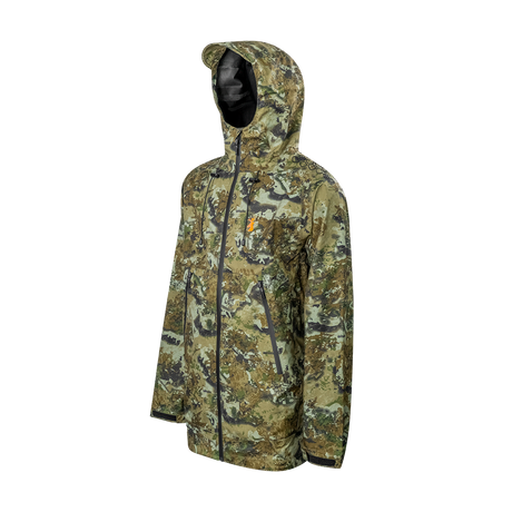 Spika Edge men's Biarri Camo waterproof jacket, three-quarter view of the hood and chest pocket