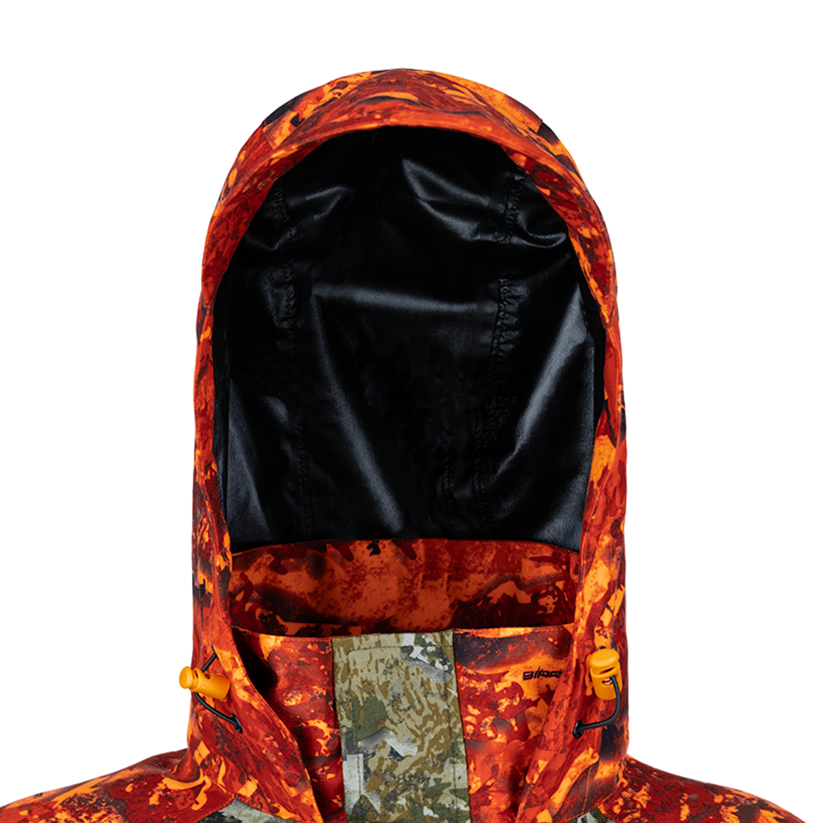 Spika Valley men's jacket Biarri Camo/Blaze hood front close-up with adjustable toggles