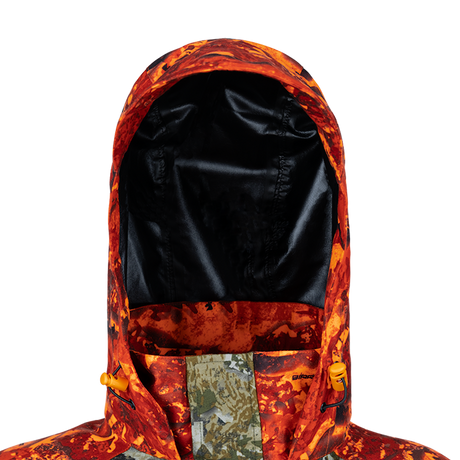 Spika Valley men's jacket Biarri Camo/Blaze hood front close-up with adjustable toggles