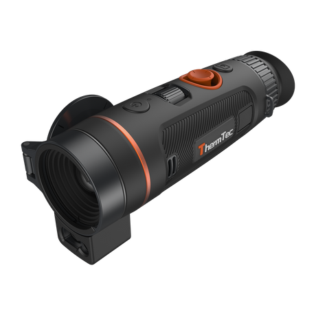 ThermTec Wild 335L thermal monocular, front three-quarter view of open lens and ThermTec logo side