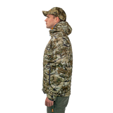 Model wearing the Spika Chase men's Biarri Camo puffer jacket, side profile view