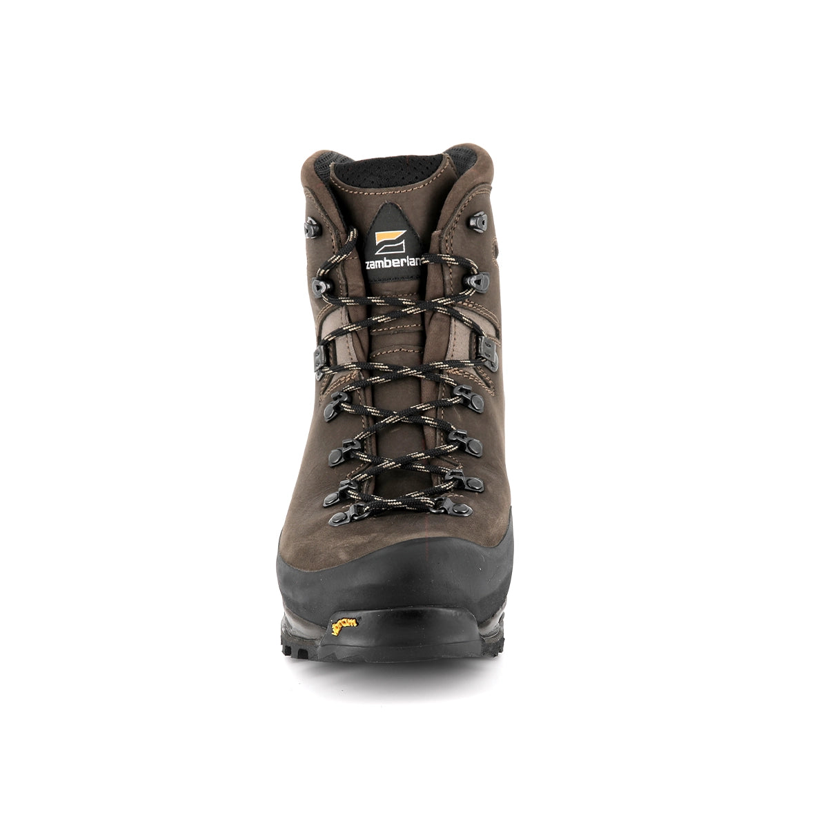 Zamberlan 960 Guide GTX RR WL men's hiking boot in dark brown, front view of toe rand and lacing
