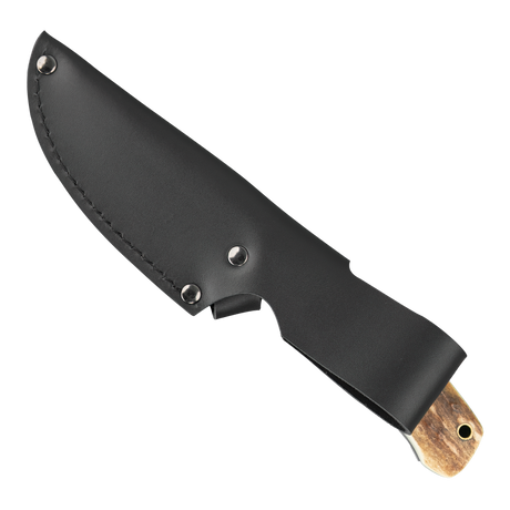 Spika Bushmaster Jeremiah black leather sheath, reverse side with belt loop and knife handle visible
