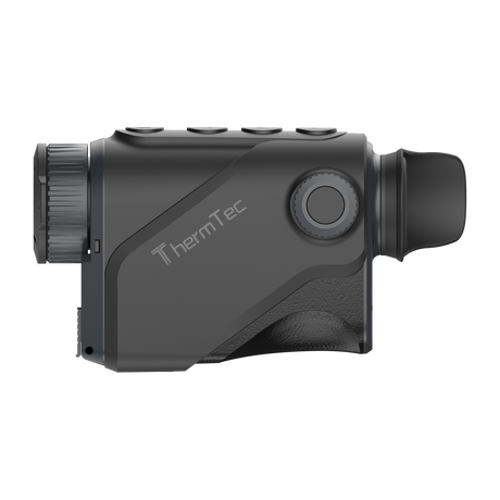 ThermTec Cyclone 325 thermal monocular in dark grey, opposite side showing ThermTec logo and focus dial