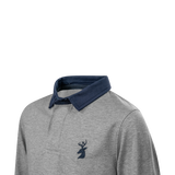 Spika GO Advance kids' grey rugby jumper, close-up of navy collar, button placket and stag logo