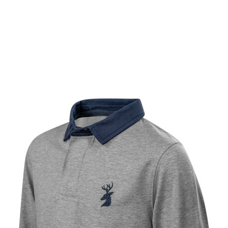 Spika GO Advance kids' grey rugby jumper, close-up of navy collar, button placket and stag logo