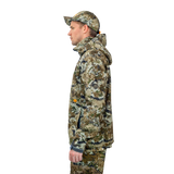 Man wearing the Spika Highpoint men's shell jacket in Biarri Camo, side profile view