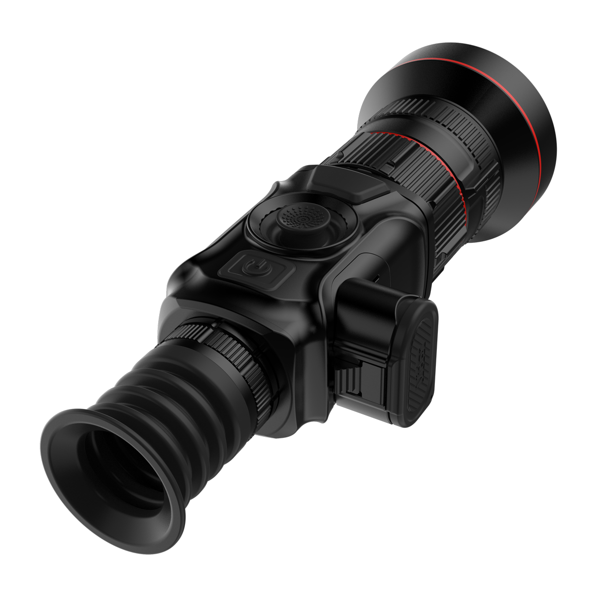 ThermTec Vidar 660 2.0 thermal compact scope, rear three-quarter view of eyecup, controls and battery cover