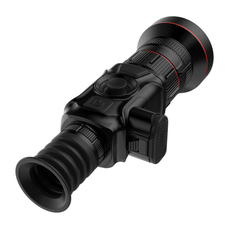 ThermTec Vidar 660 2.0 thermal compact scope, rear three-quarter view of eyecup, controls and battery cover