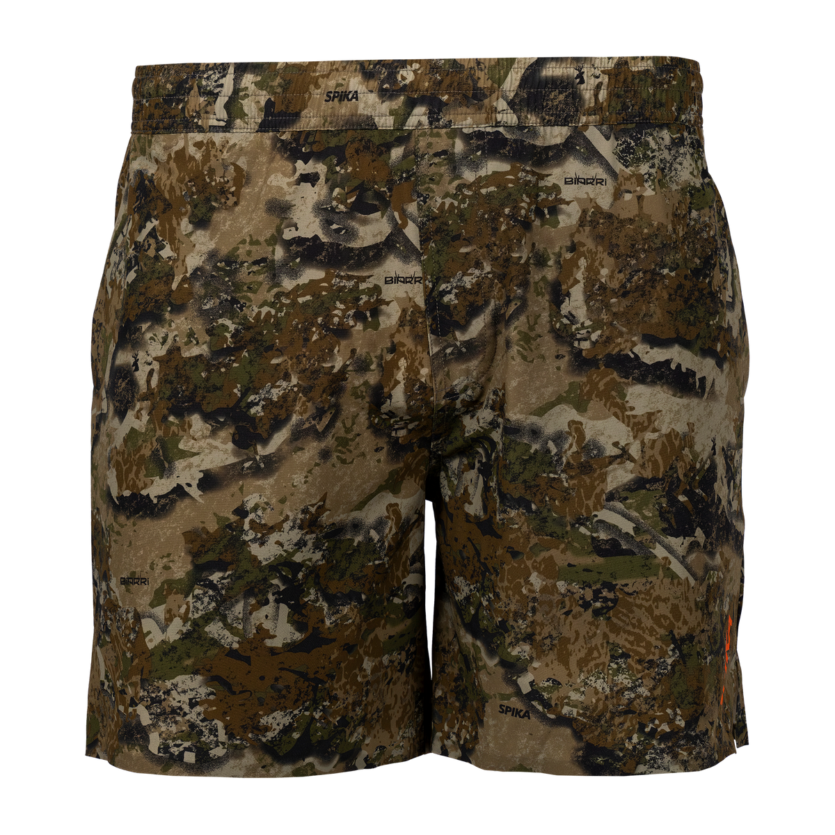 Spika GO Arid men's quick dry shorts in Biarri Camo, front view with elastic waistband
