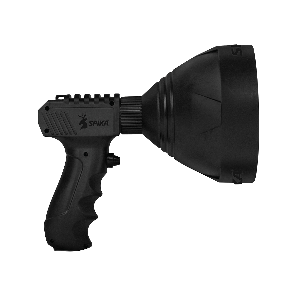 Spika Trigger Light 1200 lumen handheld spotlight in black, side profile of pistol grip and head