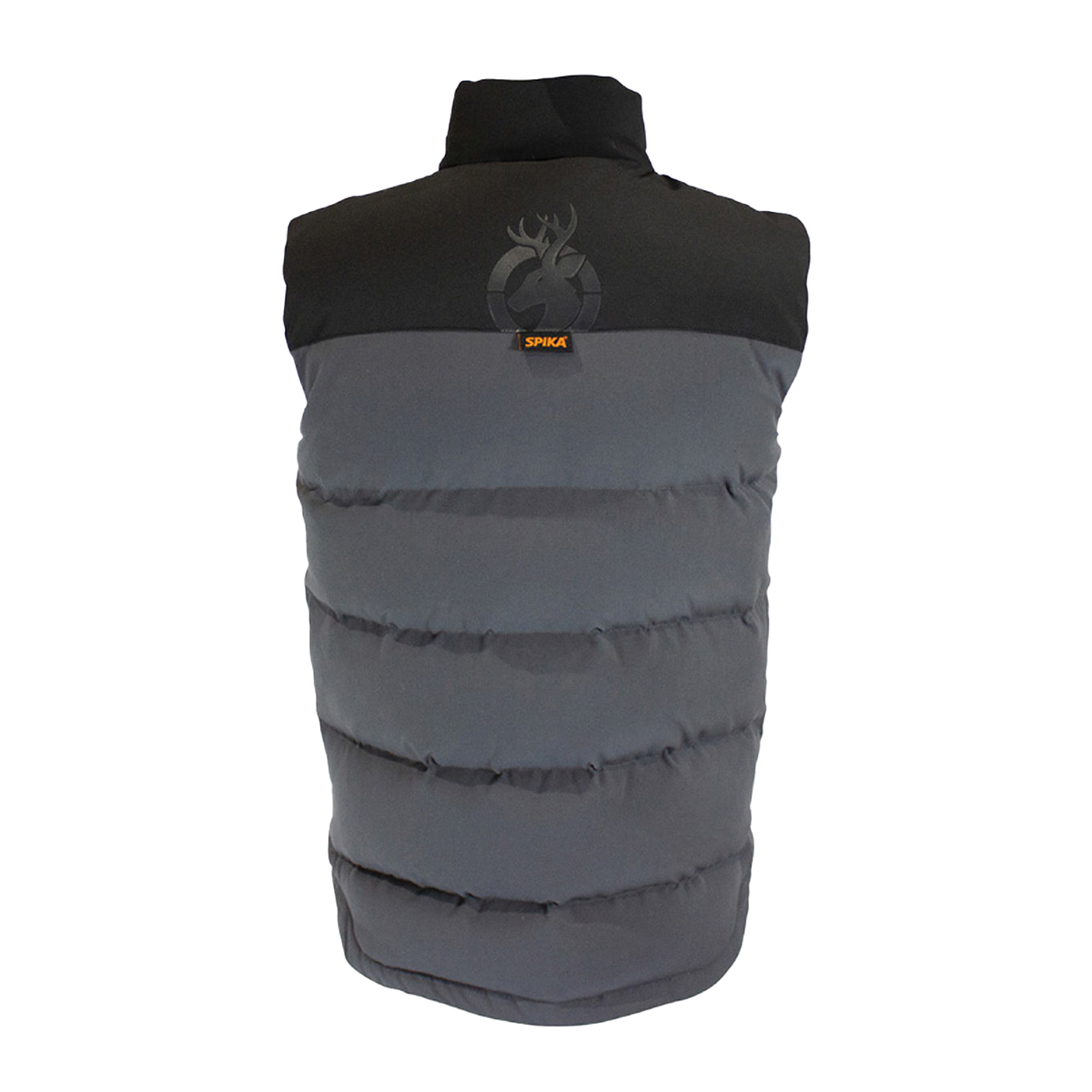 Spika GO Casual men's puffer vest in grey, back view with black yoke and tonal stag logo