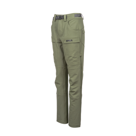 Spika Recon women's hunting pants in Dusky Green, angled three-quarter view with Spika cargo pocket