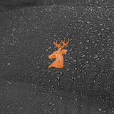 Spika Terra men's puffer jacket in Black, close-up of water beading on the shell around the stag logo