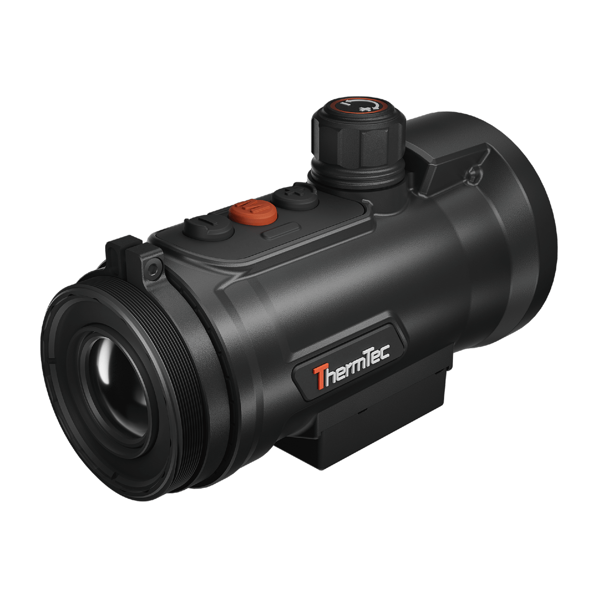 ThermTec Hunt Pro 635L thermal clip-on, rear three-quarter view of threaded mount and ThermTec logo side