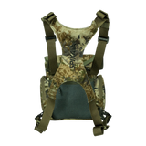 Spika Drover II bino pack in Biarri Camo, rear view showing harness straps and mesh back panel
