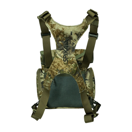 Spika Drover II bino pack in Biarri Camo, rear view showing harness straps and mesh back panel