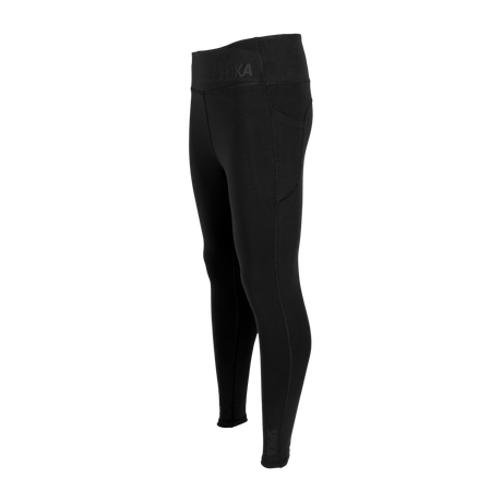 Spika GO Ember women's black leggings, three-quarter view showing side pocket and seam lines