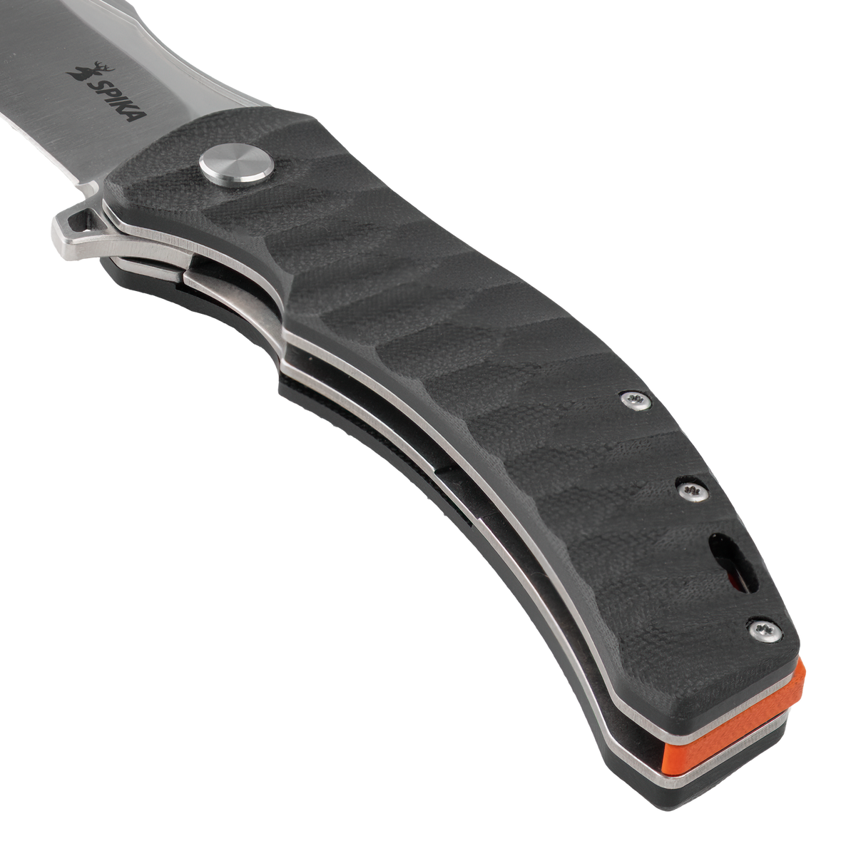 Close-up of the Spika Bushmaster Viper handle front, wave-textured scale, pivot and steel liners