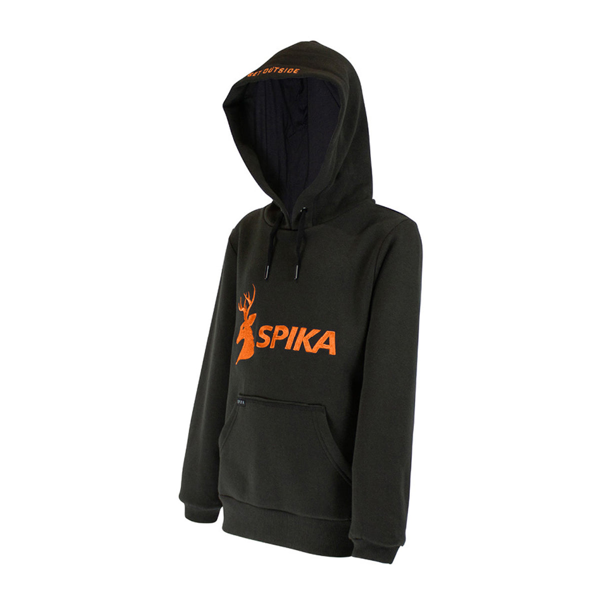 Spika GO Classic boys' black hoodie, three-quarter view showing hood and orange SPIKA chest logo