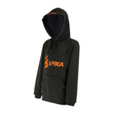 Spika GO Classic boys' black hoodie, three-quarter view showing hood and orange SPIKA chest logo