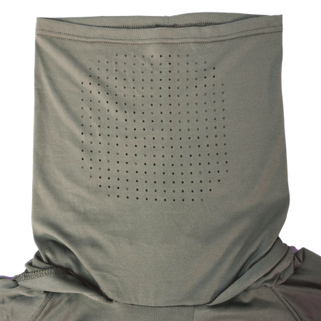 Spika Bandit women's hoodie close-up of the Moss Green face mask with breathable perforations
