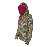 Spika GO Classic women's Biarri Camo hoodie, three-quarter side view with pink hood lining