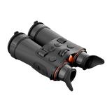 ThermTec Ventus 335L multi-spectrum binoculars, rear three-quarter view of eyecups and focus wheels from the left
