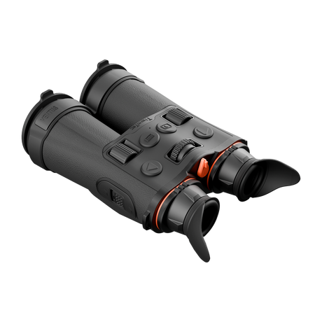 ThermTec Ventus 335L multi-spectrum binoculars, rear three-quarter view of eyecups and focus wheels from the left