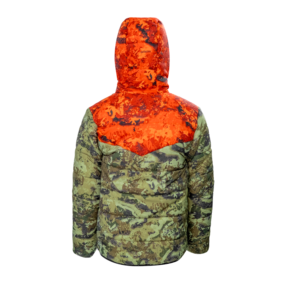 Spika Terra kids' puffer jacket in Biarri Camo/Blaze, back view with blaze orange hood and shoulders