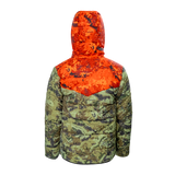 Spika Terra kids' puffer jacket in Biarri Camo/Blaze, back view with blaze orange hood and shoulders