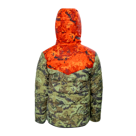 Spika Terra kids' puffer jacket in Biarri Camo/Blaze, back view with blaze orange hood and shoulders