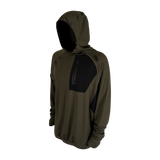 Spika men's microfleece hoodie in Olive Summit, three-quarter view with hood and chest pocket