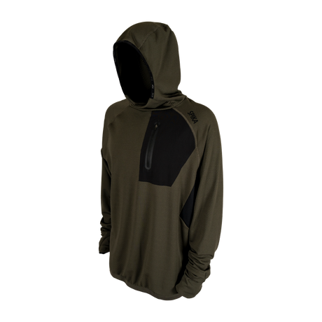 Spika men's microfleece hoodie in Olive Summit, three-quarter view with hood and chest pocket
