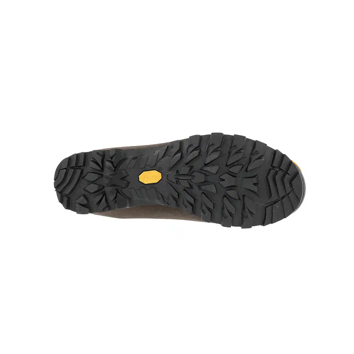 Zamberlan 1103 Storm GTX men's hiking boot in dark brown and orange, Vibram outsole tread pattern from below