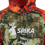 Close-up of the white stag SPIKA chest print and drawcords on the Spika GO Classic Biarri Blaze hoodie
