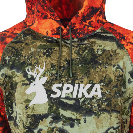 Close-up of the white stag SPIKA chest print and drawcords on the Spika GO Classic Biarri Blaze hoodie