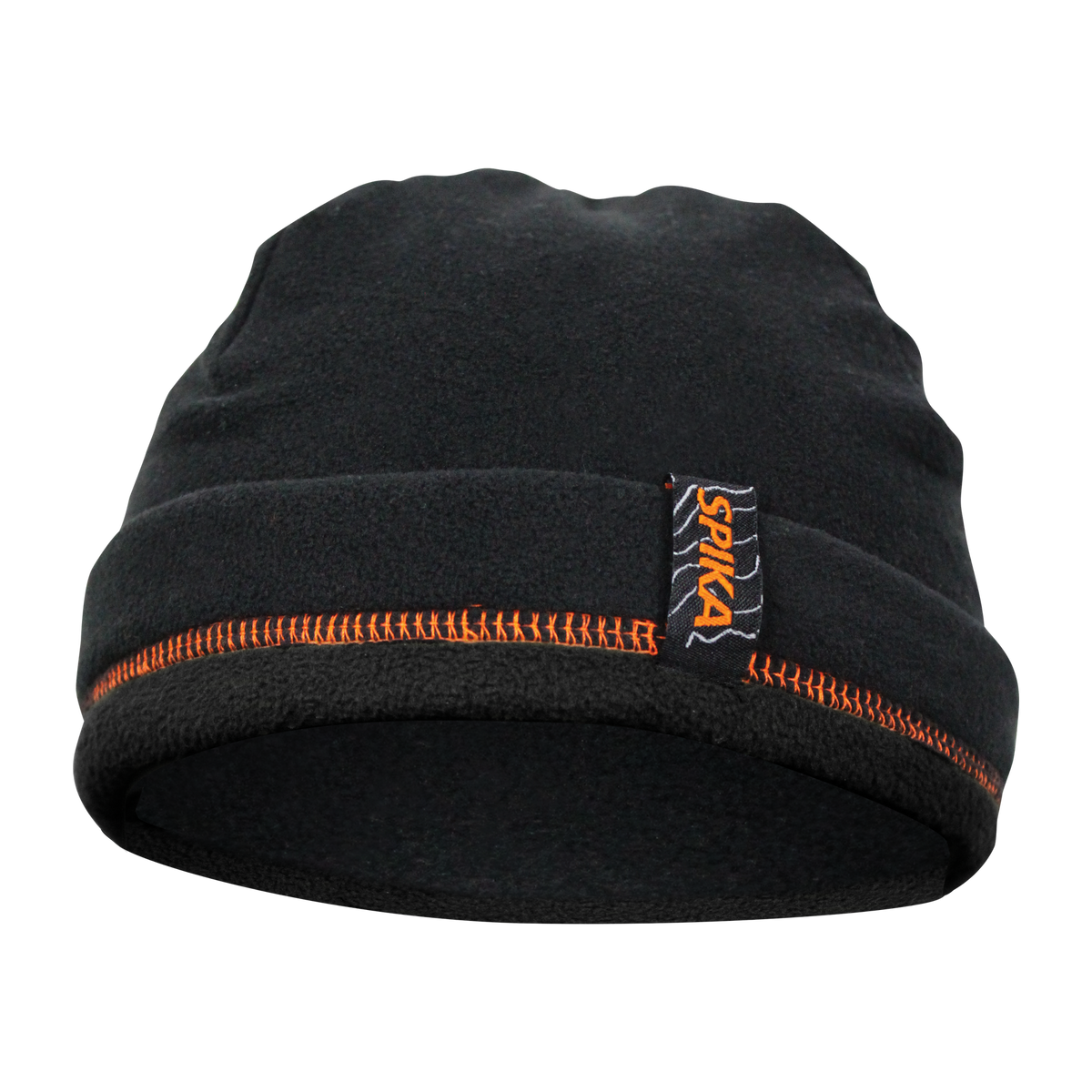 Spika black fleece beanie with orange stitching and Spika tag from the men's 6 Piece Box Pack