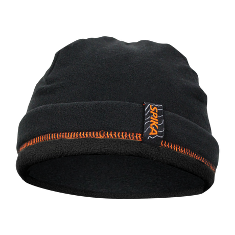 Spika black fleece beanie with orange stitching and Spika tag from the men's 6 Piece Box Pack