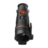 ThermTec Wild 335L thermal monocular, top view from the eyepiece with lens cap open over the lens