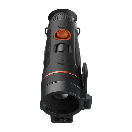ThermTec Wild 335L thermal monocular, top view from the eyepiece with lens cap open over the lens