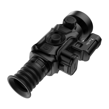 ThermTec Vidar-LRF 650L 2.0 thermal compact scope, rear three-quarter view of eyecup and battery pack