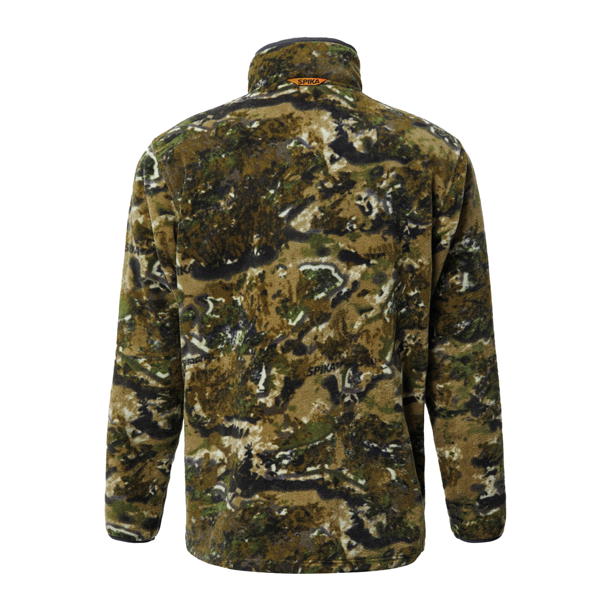Spika Basecamp men's Biarri Camo fleece jumper, back view with orange logo at the collar