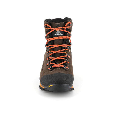 Zamberlan 1103 Storm GTX men's hiking boot in dark brown and orange, front view of toe cap and orange lacing