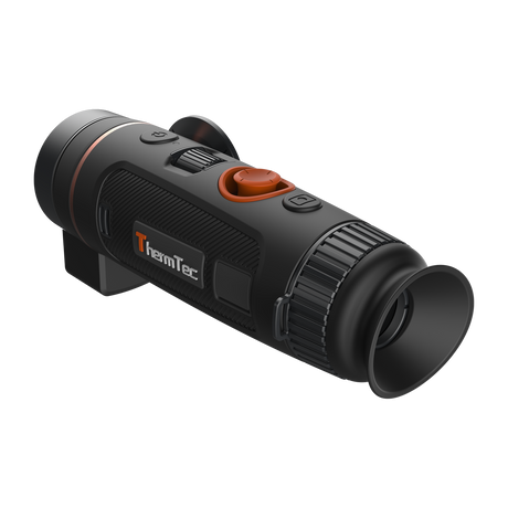 ThermTec Wild 335L thermal monocular, rear three-quarter view of eyecup and ThermTec logo side